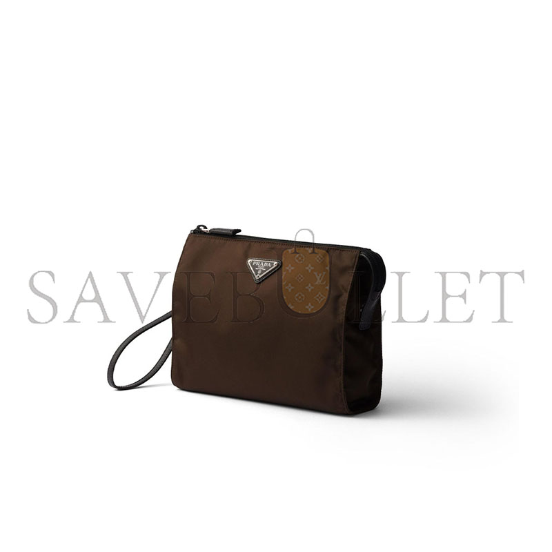 PRADA BROWN RE-NYLON AND SAFFIANO LEATHER NECESSAIRE 2NE789 (22*17*6.5cm)
